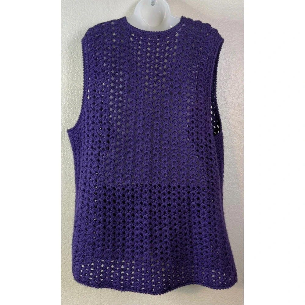 Womens Handmade 2X Vest Cardigan Purple Crochet Open Knit Ornate Clasp Boho Chic